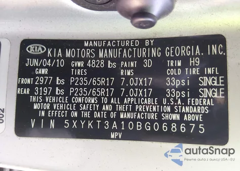 2011 Kia Sorento Lx z USA, uszkodzony, nr VIN 5XYKT3A10BG068675